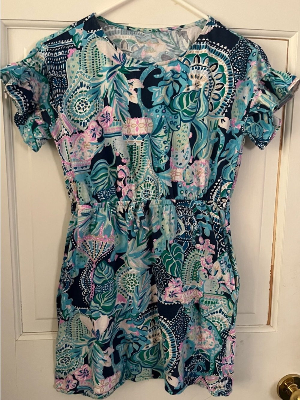 Girl’s Lilly Pulitzer Pink And Blue Print Dress W/Flutter Sleeves Girl’s 12-14